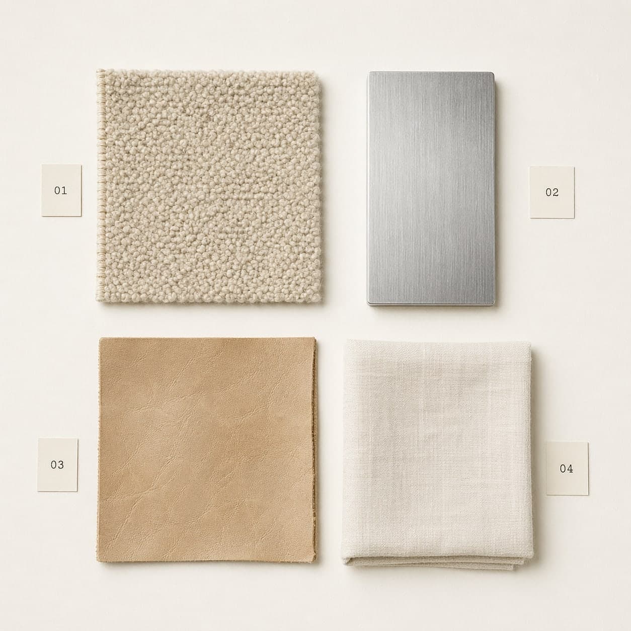 Four material samples laid in a 2-by-2 grid on warm paper: bouclé wool (01), brushed aluminium (02), tobacco leather (03), ecru linen (04), each beside a small numbered card