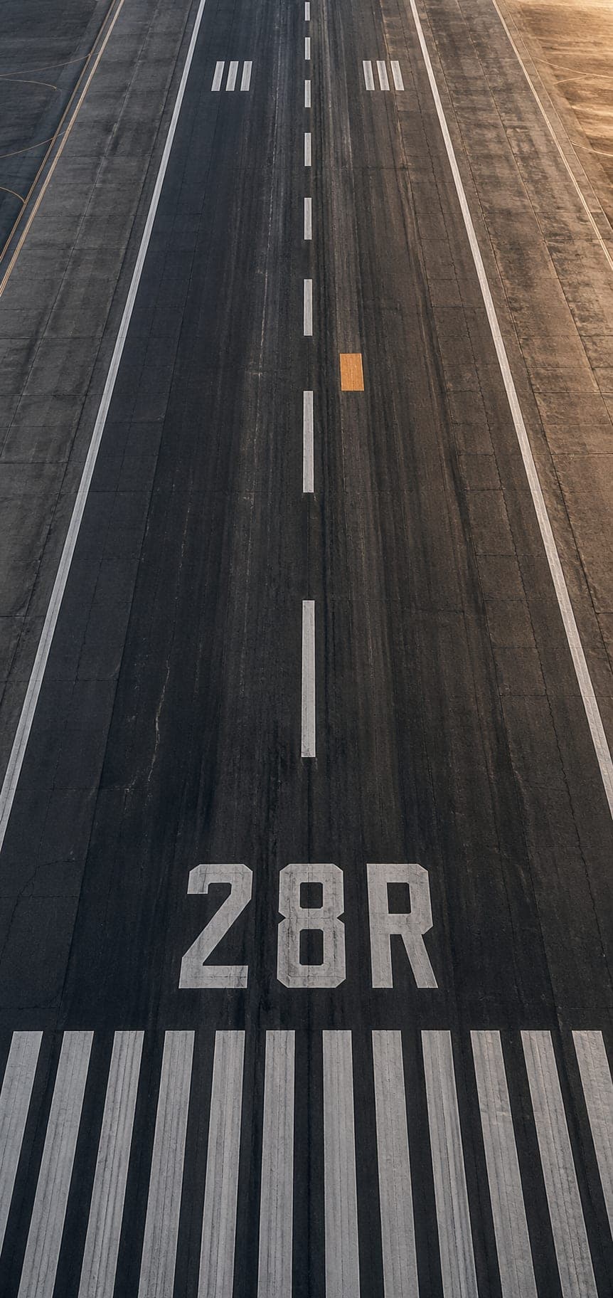 Runway 28R threshold at SFO from above: black asphalt, white painted threshold bars and the numerals 28R, a single small painted orange touchdown-zone marker