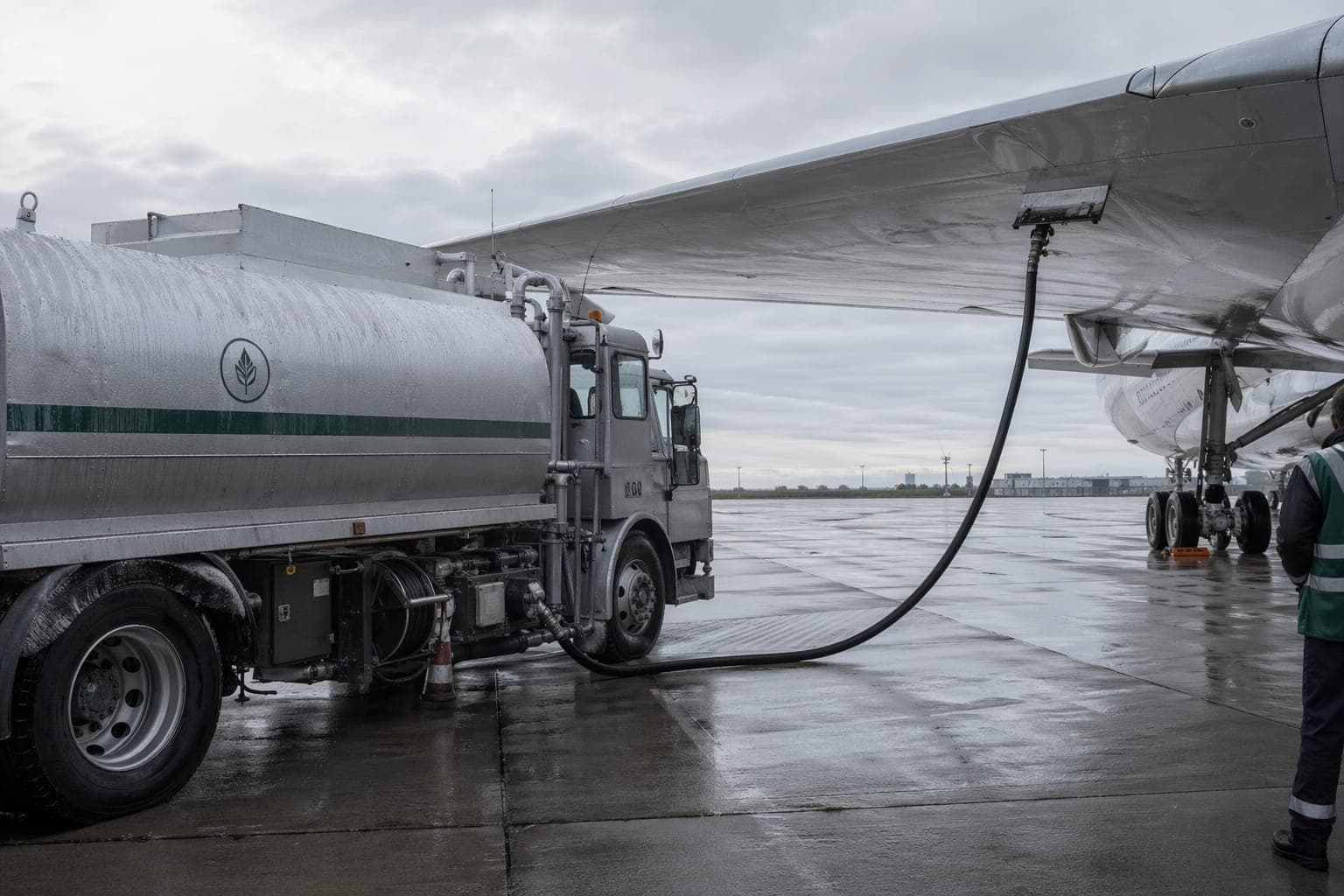 A sustainable-aviation-fuel bowser refuelling a FlyLo aircraft on a wet apron at dawn, ground crew in a forest-green hi-vis vest at the right edge