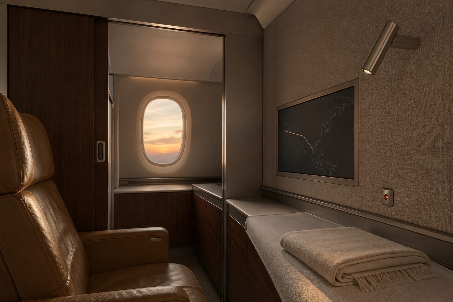 Atlas Suite at dusk: walnut sliding door open, oval window glowing peach with the last of the sun, brushed-aluminium frame, leather seat, folded linen throw
