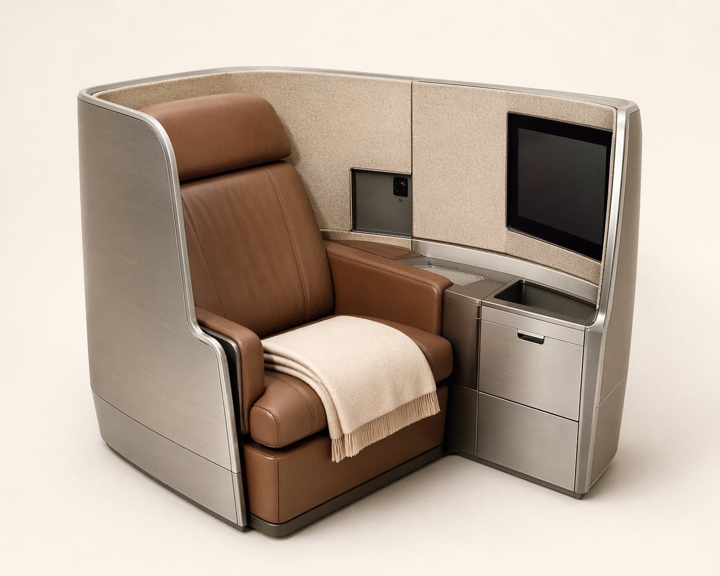 Atlas Suite as a studio still life: brushed-aluminium shell, tobacco leather, oatmeal wool wall, folded ecru throw, 24-inch screen — isolated on warm paper backdrop